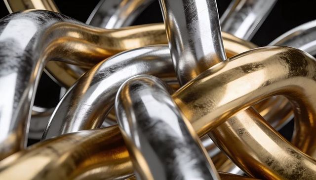 Interlocking Gold and Silver Metal Tubes Creating Reflective Abstract Knot Macro Texture
