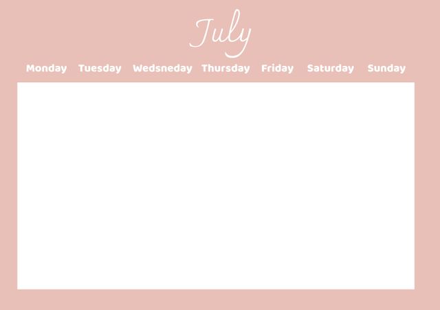 Minimalist July calendar template with pastel background and white blank box for notes or schedules. Perfect for planning, organizing monthly activities, or keeping track of important events and deadlines. Highly customizable for use in personal planning or print for office and home use.