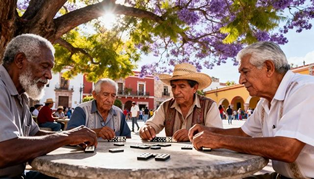Seniors playing dominoes under jacaranda tree in sunny town plaza