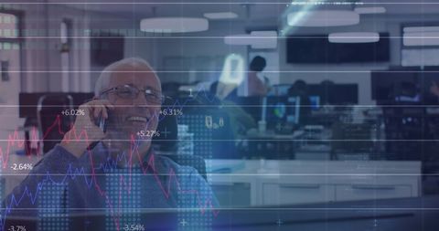 Senior Businessman on Phone Analyzing Stock Market Data in Modern Office