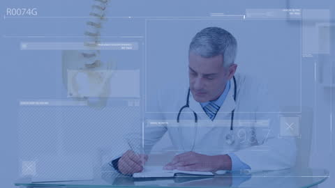 Caucasian Doctor Analyzing Medical Data with Virtual Interface