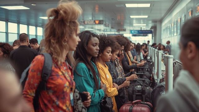 Travelers using self-service kiosks at busy airport terminal