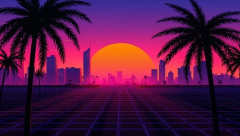 Neon sunset bathing retro city grid with palm tree silhouettes and reflective horizon