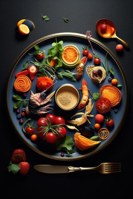 Beautiful arrangement of various fruits, vegetables, and seafood elegantly placed on circular plate. Strong visual appeal, ideal for food blogs, restaurant websites, culinary magazines, and cooking classes promotion. Use to highlight fine dining, creative cuisine, and artistic food presentations.