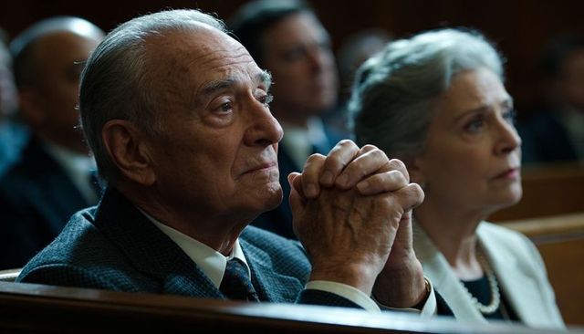 Elderly man clasping hands while listening in courtroom pews beside concerned partner