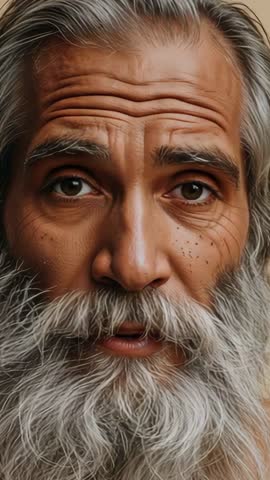 Vertical close-up video showing senior Middle Eastern man gazing calmly with white beard