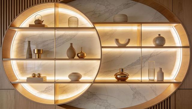 Circular wooden shelving with marble panels and warm led lighting in luxury hotel lobby
