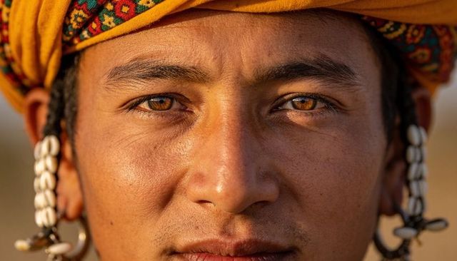 Sunlit close-up male portrait wearing yellow turban with shell bead braids and amber eyes