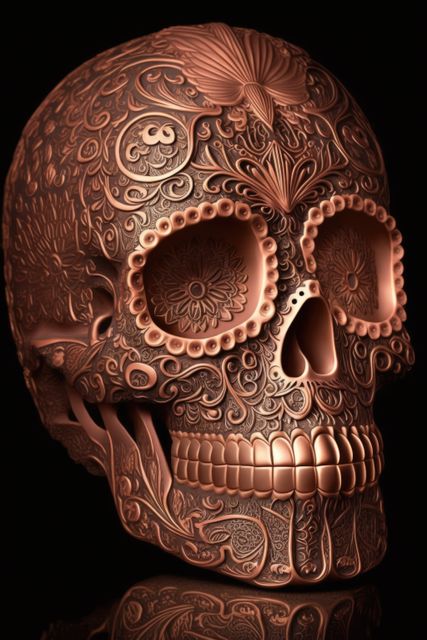Intricately carved decorative skull displaying exquisite floral patterns and detailed designs. Could be used in Halloween themes, Gothic art projects, or cultural events. Ideal for blogs on art, design inspiration, and cultural symbolism.