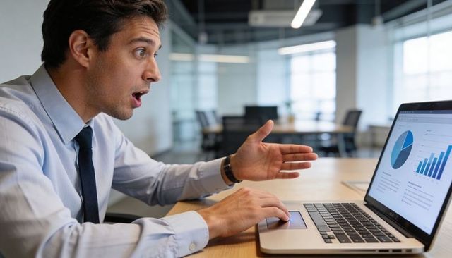 Surprised businessman pointing at laptop analytics while reviewing charts and data