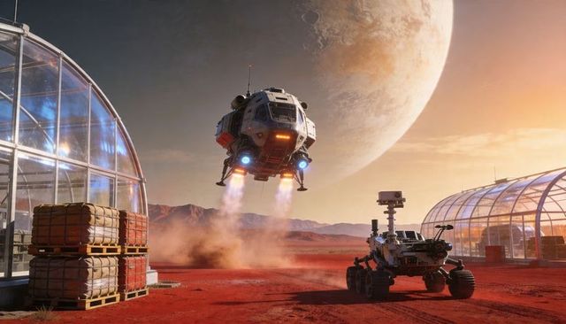 Spacecraft Descending Over Red Planet Outpost with Rover and Greenhouse Domes at Sunset
