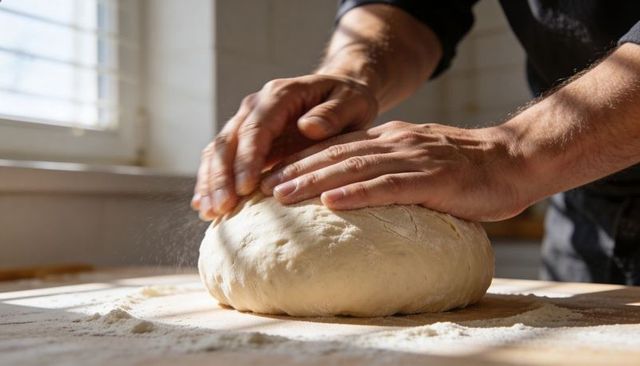 Kneading rustic bread dough by hand on floured wooden counter in sunlit home kitchen