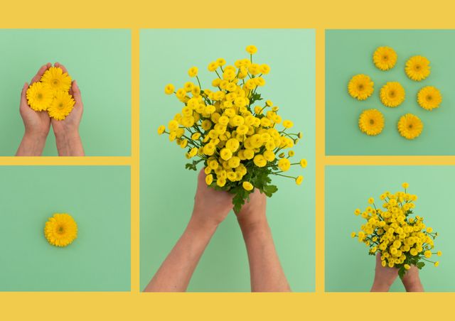 Bright, vibrant yellow flowers are creatively arranged against a green background, forming an eye-catching collage. Multiple flowers, including chrysanthemums and gerberas, are showcased from different perspectives, with hands holding a bouquet in the central frame. Ideal for use in spring or summer-themed advertisements, event invitations, or floral shop promotions.