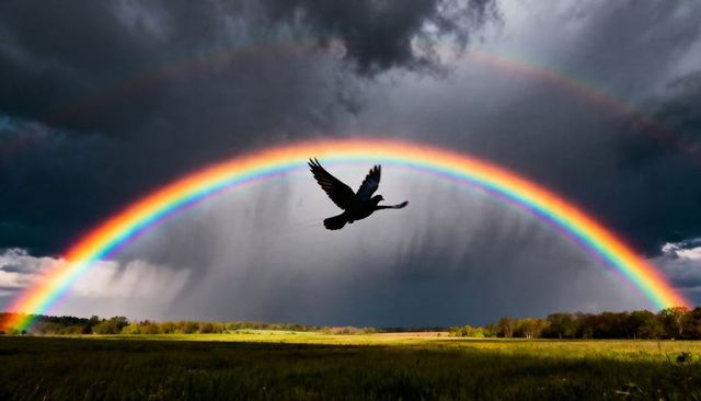 Soaring silhouetted bird crossing vivid double rainbow over stormy sunlit prairie