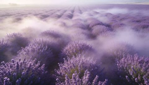 Lavender rows glowing in morning mist on rural farm at dawn