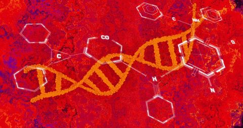 DNA Strand with Chemical Elements on Red Textured Background
