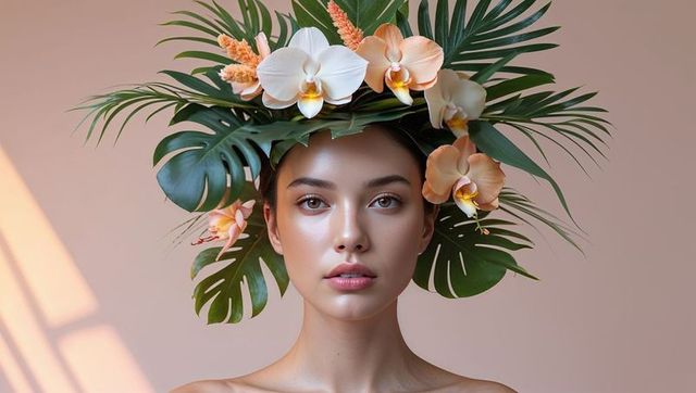 Elegant model with tropical floral headpiece in artistic setting