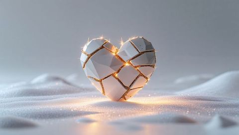 Geometric heart sculpture with golden cracks illuminating, forgiveness concept