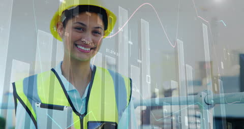 Smiling Female Construction Worker with Financial Data Animation Overlay