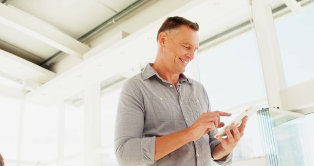 A middle-aged Caucasian man smiles as he uses a tablet in a brightly lit room, with copy space. His casual attire and cheerful demeanor suggest he's enjoying a relaxed moment, during a break at work or in a personal setting.