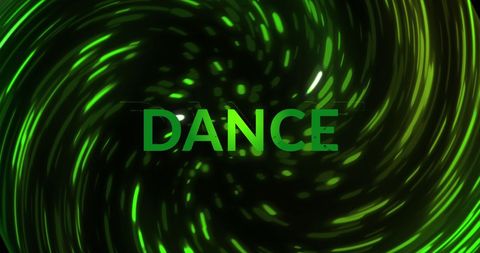 Glowing green dance text with dynamic light trails