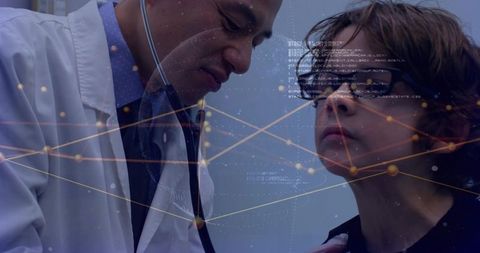 Physician listening to child's chest with stethoscope, pediatric exam with digital overlay