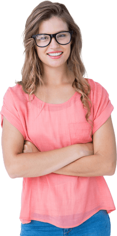 Smiling Transparent Woman Wearing Glasses with Casual Style