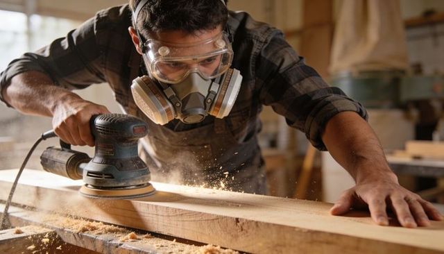 Craftsman sanding hardwood plank wearing respirator and goggles raising dust in workshop