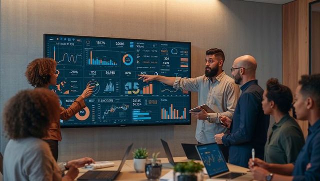 Presenting data dashboards and analytics for cross-functional team strategy meeting