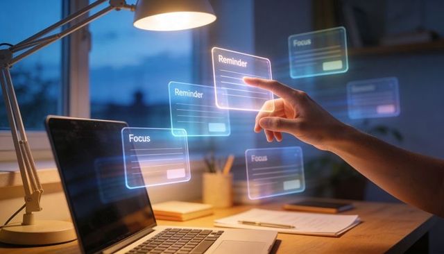 Hand interacting with holographic reminder and focus cards over laptop at dusk for productivity