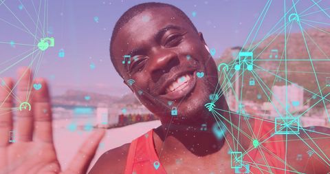 Happy Athlete Enjoying Beach with Futuristic Technology Overlays