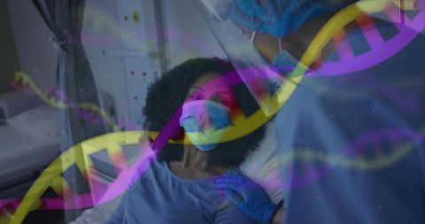 Nurse providing compassionate genomic care to masked patient with dna helix overlay