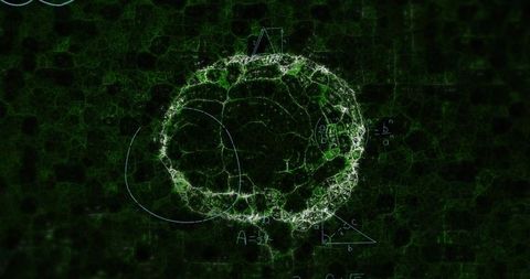 Digital brain model with mathematical equations on dark background
