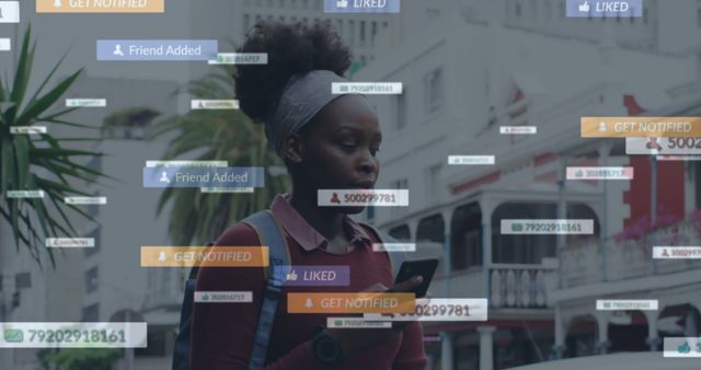 Young woman walking down urban street receiving multiple social media notifications on her smartphone. Useful for promoting social media services, digital marketing campaigns, or illustrating themes around modern communication and online interaction.