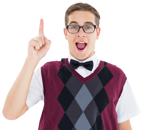 Excited hipster pointing up in transparent background