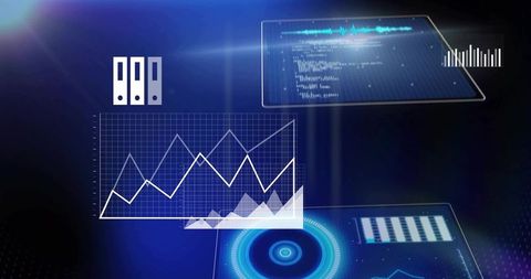Displaying holographic analytics dashboard with neon graphs, radar interface, digital hud