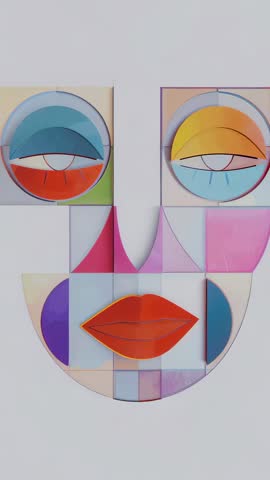 Vertical gallery video revealing geometric abstract face with rotating camera and red lips