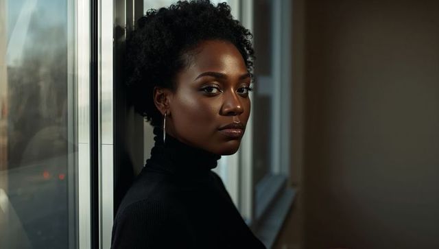 Moody portrait of black woman leaning by window wearing black turtleneck and hoop earrings