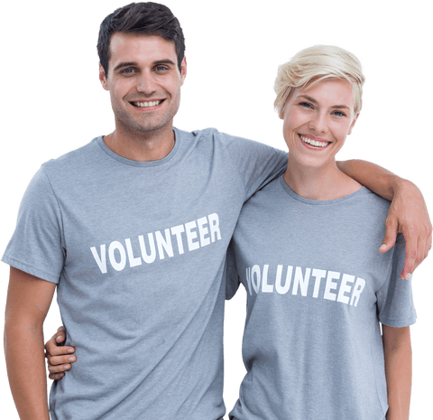 Smiling Caucasian Couple Wearing Volunteer Shirts on Transparent Background