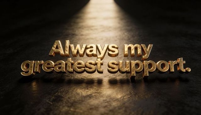 Golden 3d text always my greatest support shining on dark textured floor under spotlight