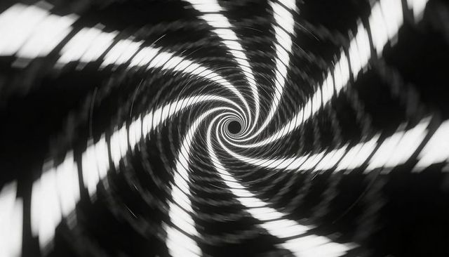 Monochrome spiral vortex with radiating light bands and hypnotic geometric motion pattern