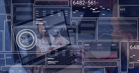 Businessman Typing on Laptop with Floating Data Dashboards and Analytics Interface