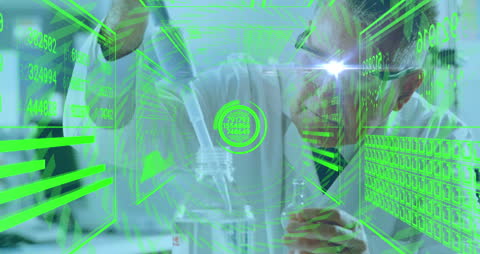 Scientist Conducting Experiment Amidst Digital Data Interface Overlay