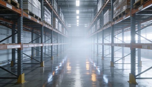 Warehouse aisle stretching toward bright vanishing point with pallet racks and wet floor