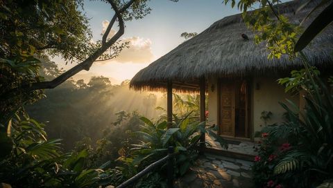 Sunrise rays bathing thatched ecolodge on misty rainforest hillside with carved wooden door