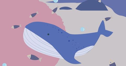 Illustration depicts a cartoon whale surrounded by fish in a pastel-colored, minimalist ocean setting. Ideal for use in children's materials, environmental campaigns, or creative design projects focused on marine themes. Suitable for web design, educational content, and friendly invitations.