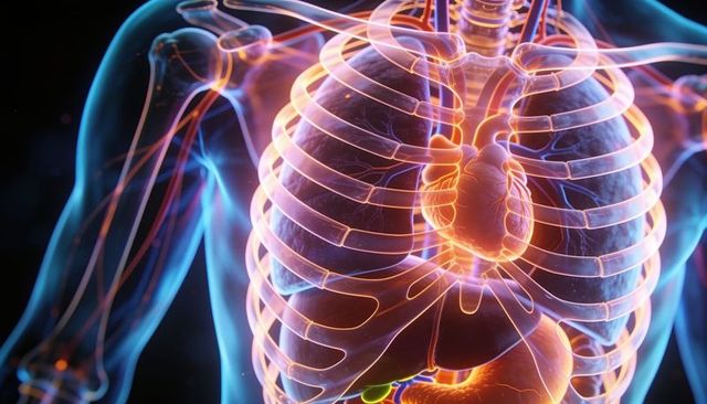 3d neon thorax visualization showing heart, lungs, rib cage, vessels and gallbladder