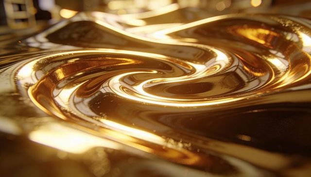 Glossy molten gold swirl flowing with specular highlights and golden bokeh reflections