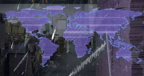 Futuristic World Map Hologram in Industrial Warehouse