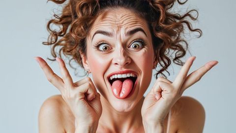 Joyful expression and playful gesture of young woman in studio with crazy energy